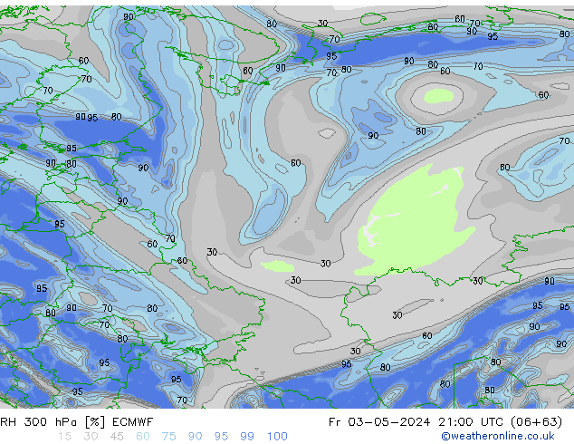 RH 300 hPa ECMWF Fr 03.05.2024 21 UTC