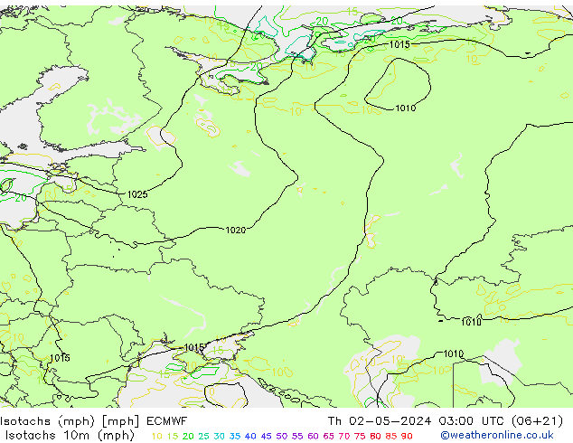 Isotachs (mph) ECMWF Qui 02.05.2024 03 UTC