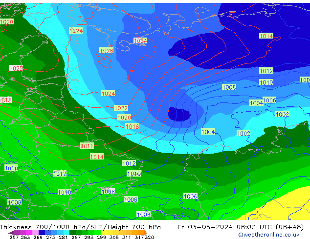 Dikte700-1000 hPa ECMWF vr 03.05.2024 06 UTC