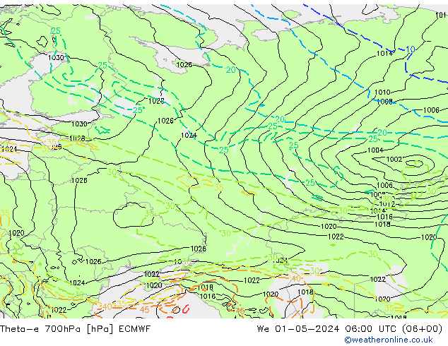 Theta-e 700hPa ECMWF We 01.05.2024 06 UTC