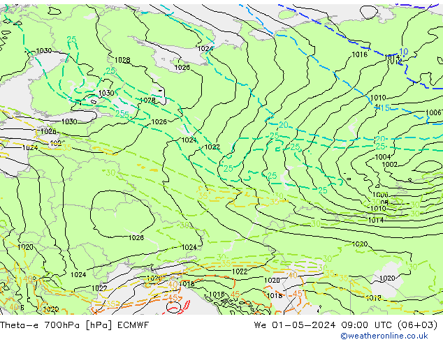 Theta-e 700hPa ECMWF We 01.05.2024 09 UTC