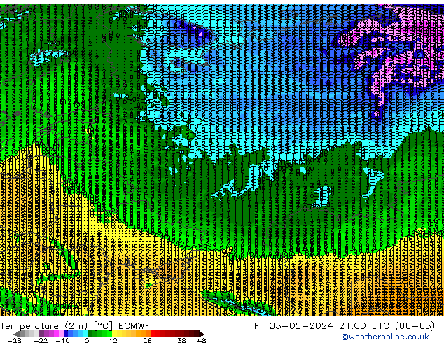 Temperatuurkaart (2m) ECMWF vr 03.05.2024 21 UTC