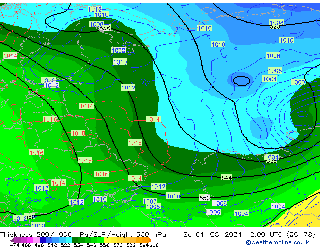 Espesor 500-1000 hPa ECMWF sáb 04.05.2024 12 UTC