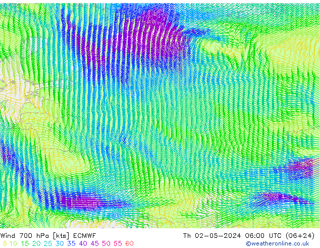 wiatr 700 hPa ECMWF czw. 02.05.2024 06 UTC