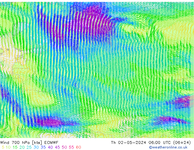 Vento 700 hPa ECMWF gio 02.05.2024 06 UTC