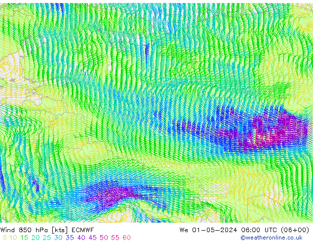 Vento 850 hPa ECMWF mer 01.05.2024 06 UTC