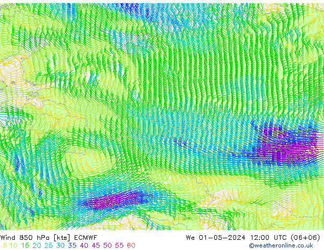 Vent 850 hPa ECMWF mer 01.05.2024 12 UTC