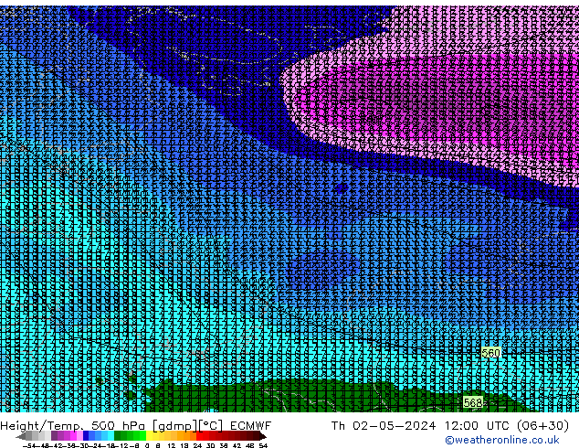 Z500/Rain (+SLP)/Z850 ECMWF Čt 02.05.2024 12 UTC