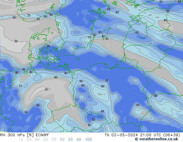 RH 300 hPa ECMWF Th 02.05.2024 21 UTC