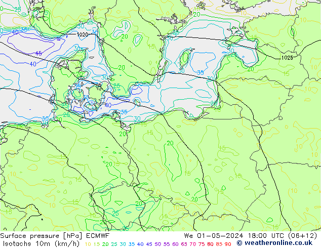 Isotachs (kph) ECMWF Qua 01.05.2024 18 UTC