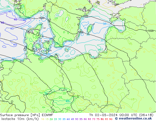 Isotachs (kph) ECMWF  02.05.2024 00 UTC