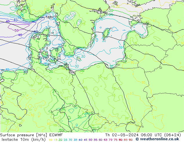 Isotachs (kph) ECMWF Th 02.05.2024 06 UTC