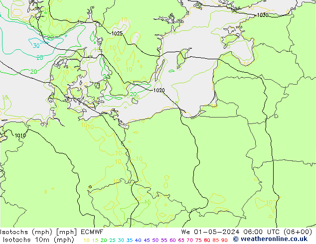 Isotachs (mph) ECMWF We 01.05.2024 06 UTC