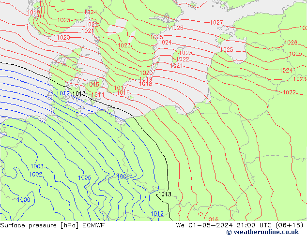 Bodendruck ECMWF Mi 01.05.2024 21 UTC