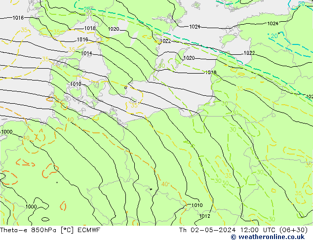 Theta-e 850hPa ECMWF Čt 02.05.2024 12 UTC