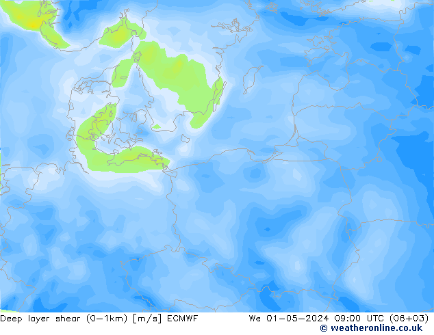 Deep layer shear (0-1km) ECMWF  01.05.2024 09 UTC