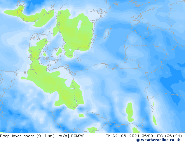 Deep layer shear (0-1km) ECMWF Th 02.05.2024 06 UTC