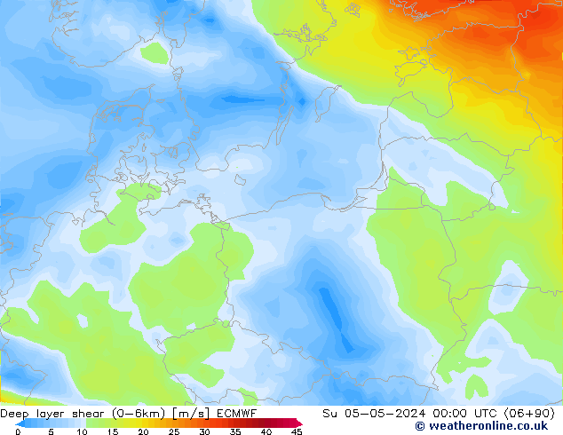 Deep layer shear (0-6km) ECMWF Su 05.05.2024 00 UTC