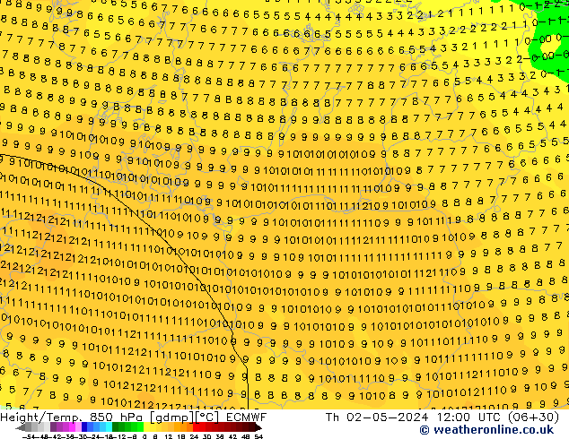 Height/Temp. 850 hPa ECMWF Th 02.05.2024 12 UTC