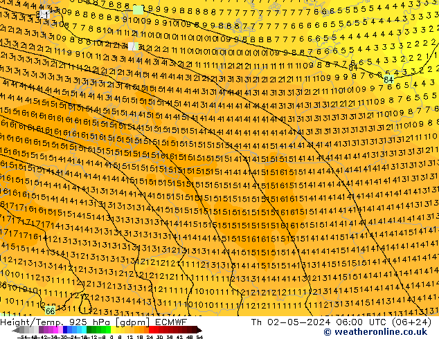 Height/Temp. 925 hPa ECMWF Th 02.05.2024 06 UTC