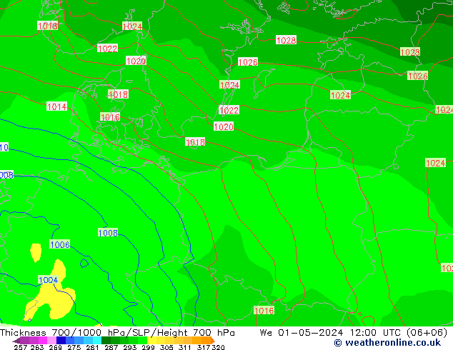 Thck 700-1000 hPa ECMWF mer 01.05.2024 12 UTC