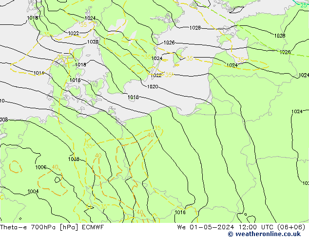 Theta-e 700гПа ECMWF ср 01.05.2024 12 UTC