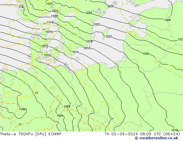 Theta-e 700hPa ECMWF Th 02.05.2024 06 UTC