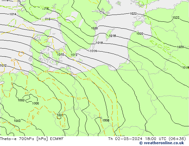 Theta-e 700hPa ECMWF Qui 02.05.2024 18 UTC