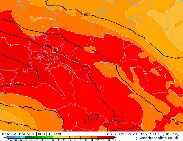 Theta-W 850hPa ECMWF Pá 03.05.2024 06 UTC