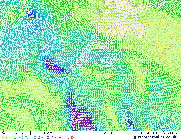 ветер 850 гПа ECMWF ср 01.05.2024 09 UTC