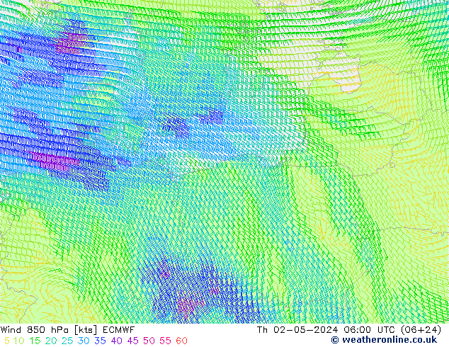 wiatr 850 hPa ECMWF czw. 02.05.2024 06 UTC