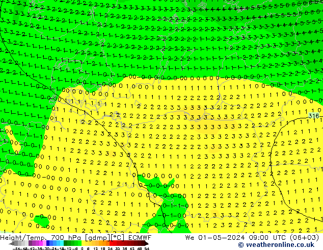 Height/Temp. 700 hPa ECMWF śro. 01.05.2024 09 UTC