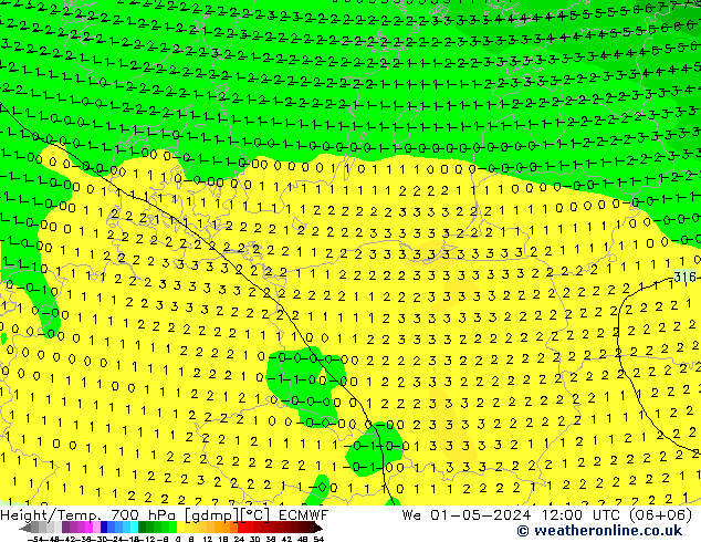 Height/Temp. 700 hPa ECMWF  01.05.2024 12 UTC