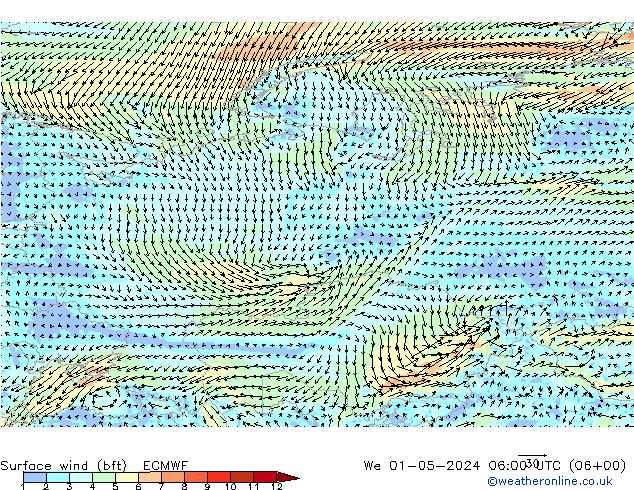 Rüzgar 10 m (bft) ECMWF Çar 01.05.2024 06 UTC