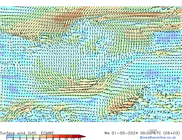 Wind 10 m (bft) ECMWF wo 01.05.2024 09 UTC