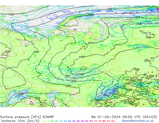 Isotachs (kph) ECMWF St 01.05.2024 09 UTC