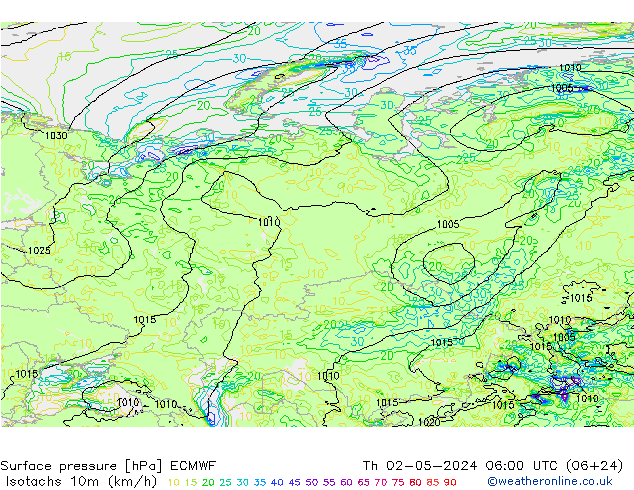 Isotachen (km/h) ECMWF Do 02.05.2024 06 UTC