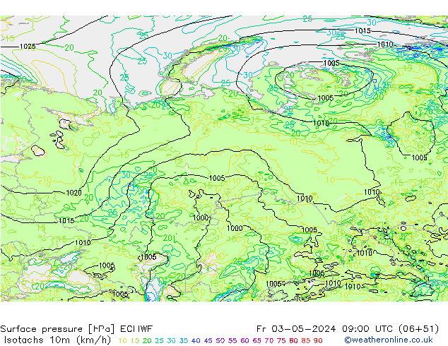 Isotachen (km/h) ECMWF vr 03.05.2024 09 UTC