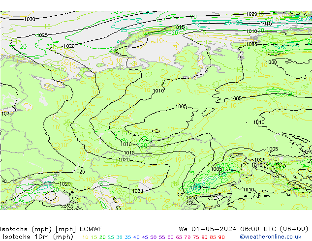 Isotachs (mph) ECMWF We 01.05.2024 06 UTC