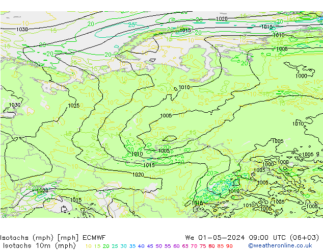 Isotachs (mph) ECMWF St 01.05.2024 09 UTC