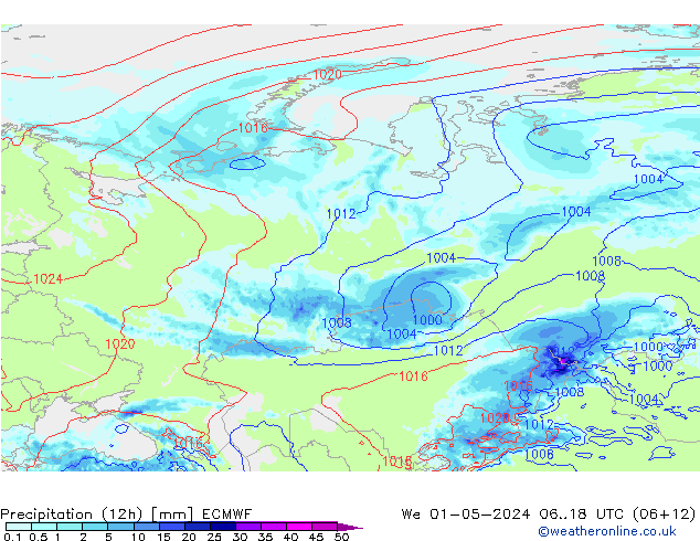 Totale neerslag (12h) ECMWF wo 01.05.2024 18 UTC