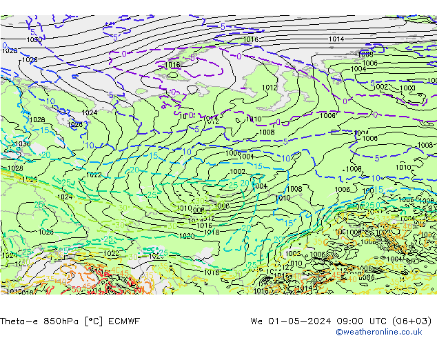 Theta-e 850hPa ECMWF wo 01.05.2024 09 UTC