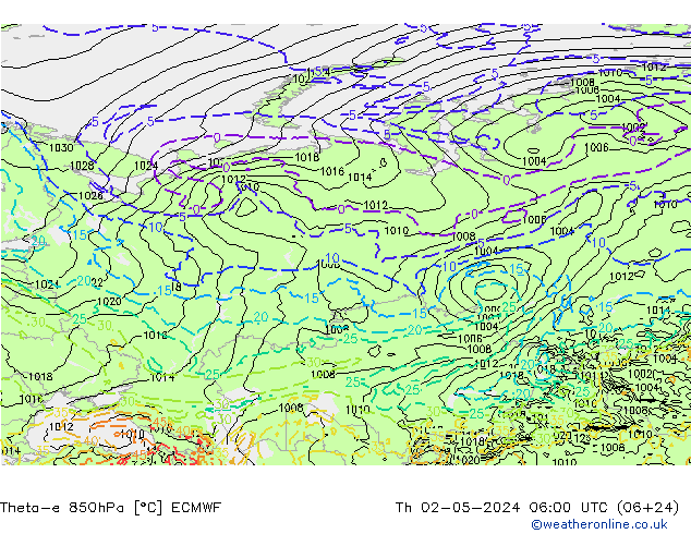 Theta-e 850hPa ECMWF Th 02.05.2024 06 UTC