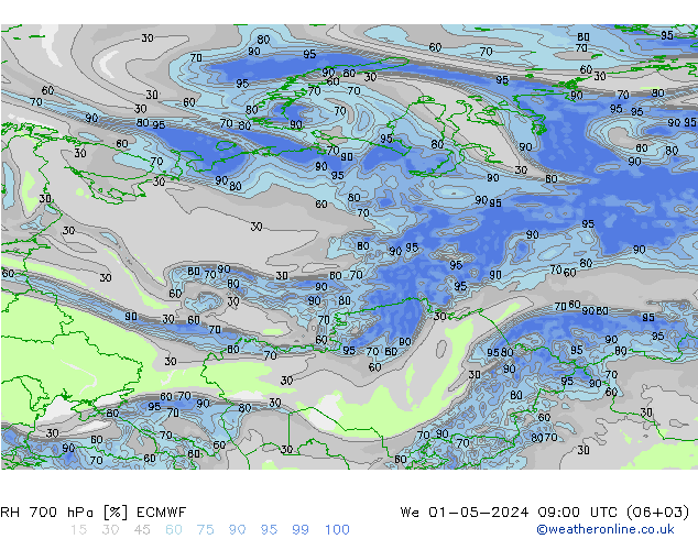 RH 700 hPa ECMWF St 01.05.2024 09 UTC