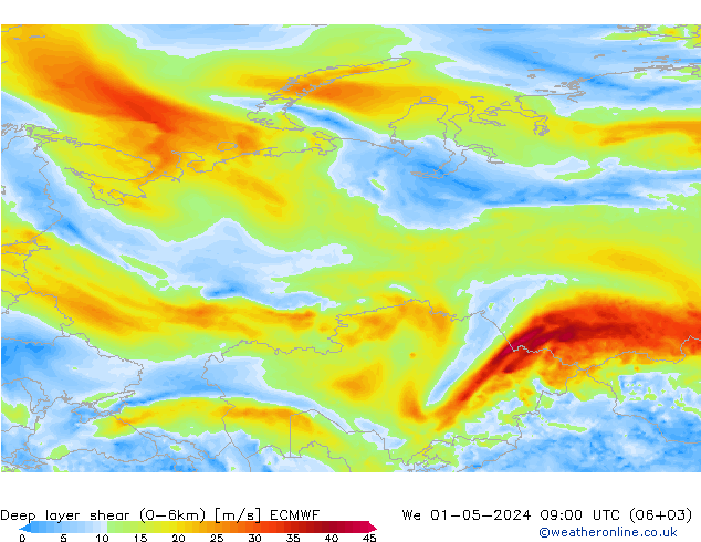 Deep layer shear (0-6km) ECMWF wo 01.05.2024 09 UTC