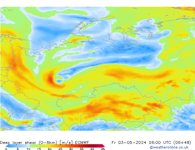 Deep layer shear (0-6km) ECMWF Fr 03.05.2024 06 UTC