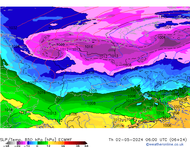 SLP/Temp. 850 hPa ECMWF Čt 02.05.2024 06 UTC