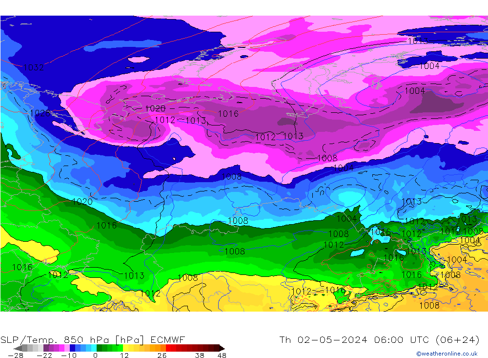 SLP/Temp. 850 hPa ECMWF Čt 02.05.2024 06 UTC