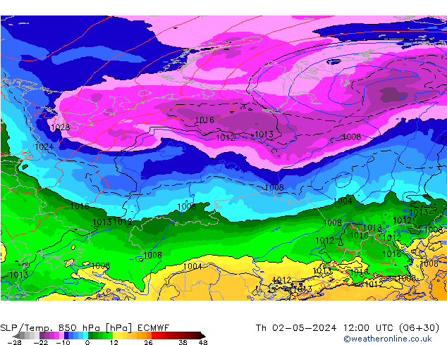 SLP/Temp. 850 hPa ECMWF Th 02.05.2024 12 UTC