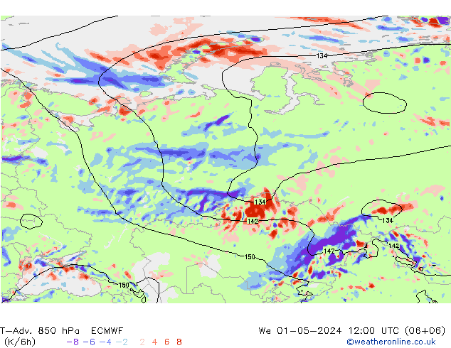 T-Adv. 850 hPa ECMWF śro. 01.05.2024 12 UTC